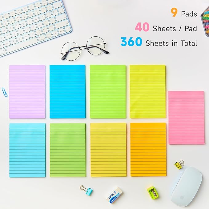 9 Pack Lined Sticky Notes 4x6 in Post, 9 Bright Colors Sticky Notes with Lines, Self-Stick Note Pads, Large Ruled Memo Pads for Office Home School Supplies, 40 Sheets/Pad