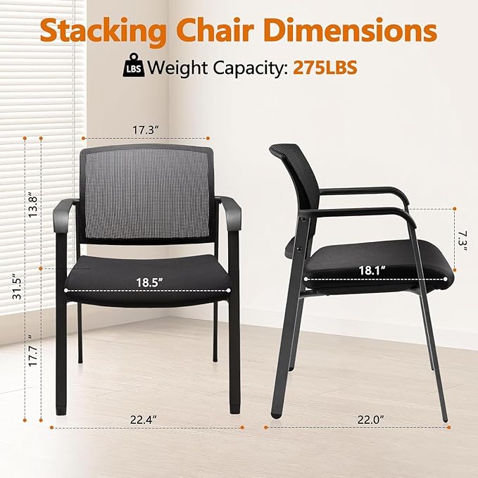 CLATINA Mesh Back Stacking Arm Chairs with Upholstered Fabric Seat and Ergonomic Lumbar Support for Office School Church Guest Reception Black 8 Pack Set New Version