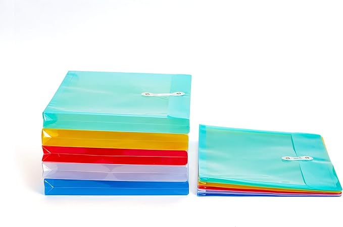 Plastic Letter Size Envelopes with Button & String Tie Closure, 1-1/6" Expansion, Side Load, Clear Poly Reusable File Folders Project Paper Documents Organizer for Office School & Home
