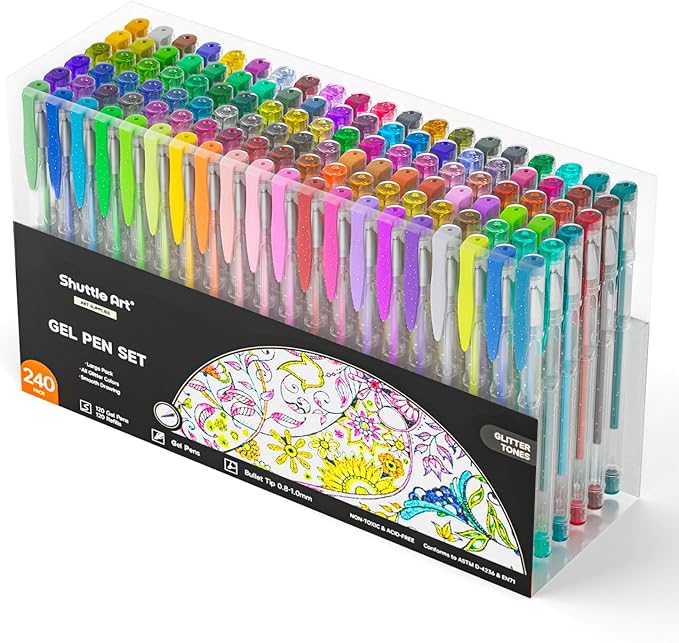 Shuttle Art 240 Pack Glitter Gel Pens, 120 Colors Glitter Gel Pen Set with 120 Refills for Adult Coloring Books Craft Doodling
