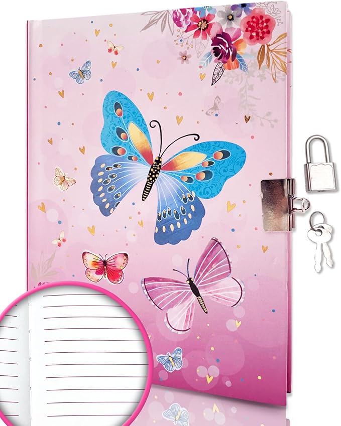 Girls Diary with Lock for Kids, 7x5.25 Inches 160 Lined Pages Secret Pink Butterfly Notebook for Girls Journal with Lock for Kids Pre School Writing Drawing Cute Girls Gifts for Birthday