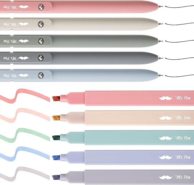 Mr. Pen Aesthetic Gel Pens & Highlighters No Bleed, 10 Pack - Morandi Color Bible Pens, Black Ink