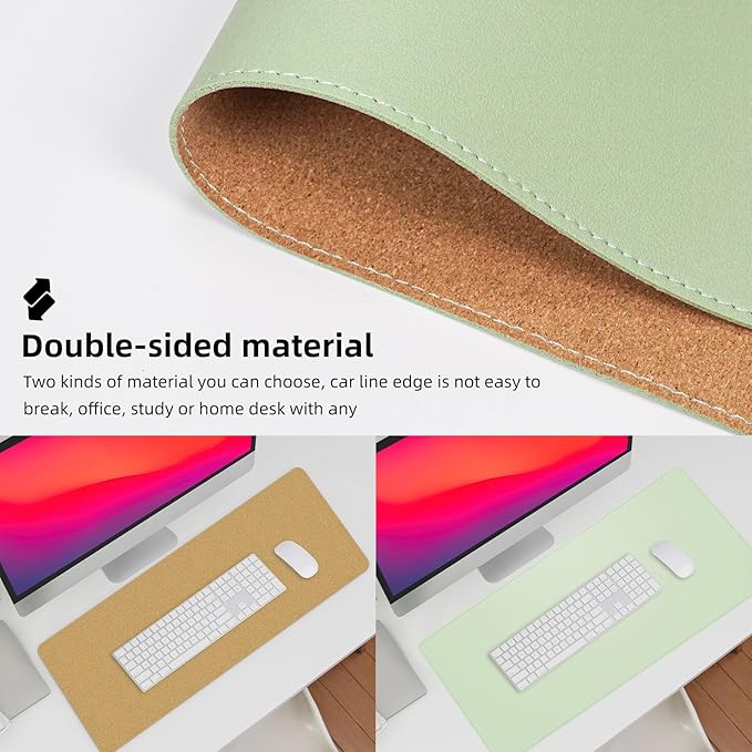 Leather Desk pad Protector, Large Desk mat with Natural Cork & PU Leather,Mouse pad,Non-Slip Office Desk Mat,Waterproof Desk Writing Pad for Office and Home (35in*17in, Light Green)