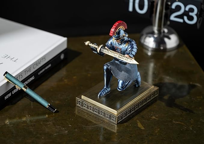 Roman Praetorian Warrior Knight Pen Holder Desk Ornament Resin Pencil Holder Desk Accessories and Organizer for Office with a Letter Opener (Blue)