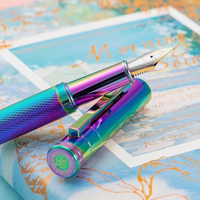 Hongdian Rainbow Forest Fountain Pen Blade Nib Classic Design Calligraphy Pen with Converter and Metal Pen Case Set