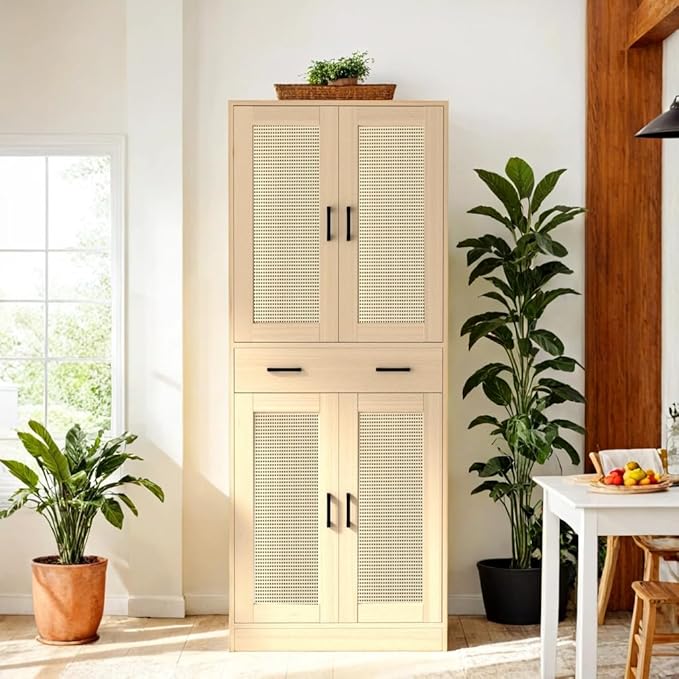 71" Tall Oak & Rattan Pantry Cabinet - Boho Chic Kitchen Storage with Doors & Drawer for Dining Room, Hallway or Kitchen Organization