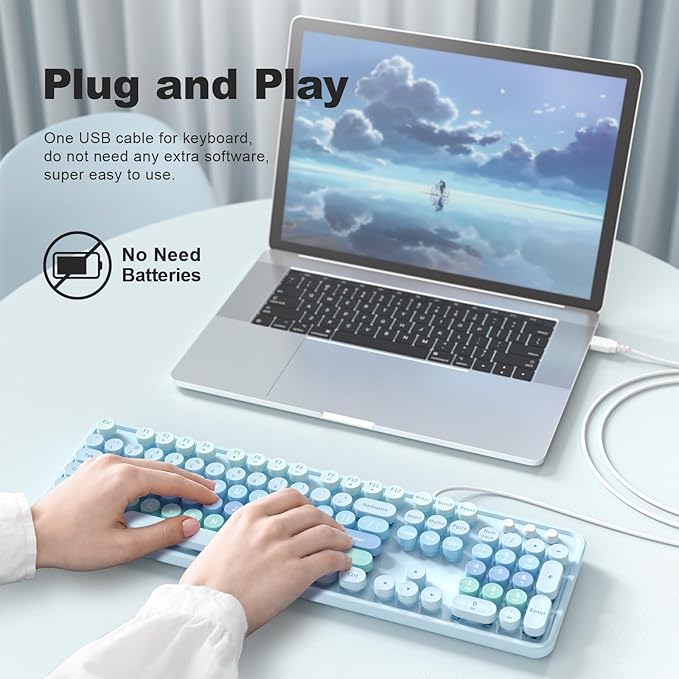 Large Print Wired USB Keyboard, 104 Keys Full Size Typewriter Keyboards, Plug and Play Office Computer Keyboard with Number Pad for Windows, PC, Laptop, Desktop (Blue Colorful)