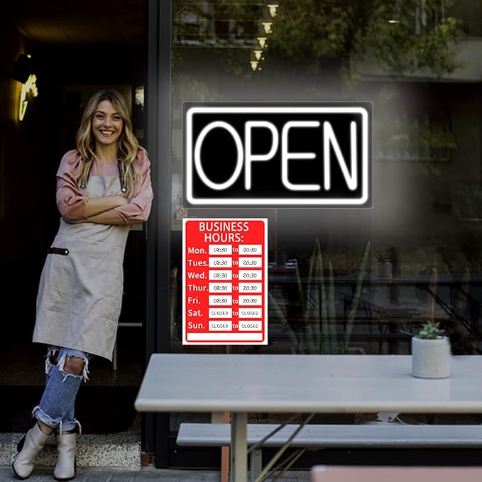 Open Signs for Business Ultra Bright LED Neon Open Signs 16 Inch Plug In Electric Light Up Open Sign with Hours ON/OFF Switch for Business Storefront Window Glass Door Shop Florists Bar Salon Cafes