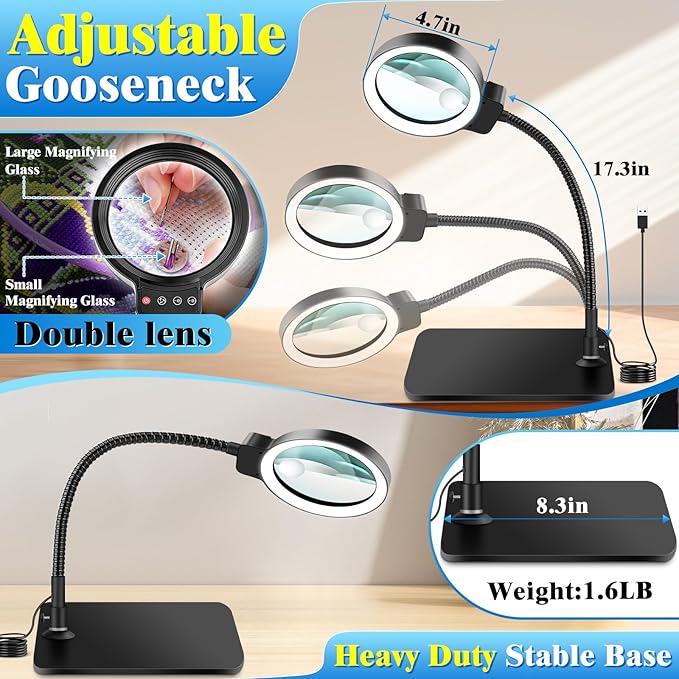 30X 10X Magnifying Glass with Light and Stand, 72 LED 3 Color Modes Stepless Dimmable, Hands Free Lighted Magnifier Desk Lamp for Close Work Craft Hobby Painting Sewing Jewelry Reading, Square