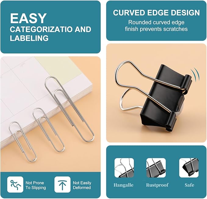 360 Pcs Binders & Paperclips Assorted Sizes with Container, Silver Paper Clips & Black Binder Clips Office Supplies, Paper Clamps for Office, Home, School