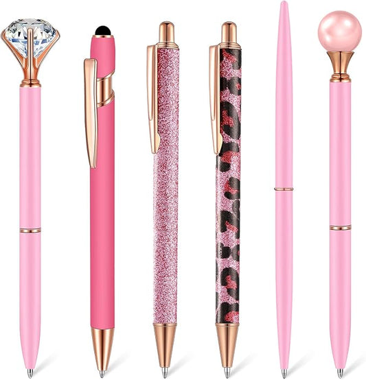 6 Pcs Ballpoint Pens Set Metal Crystal Diamond Pen for Journaling Glitter Pretty Cute Stationery Black Ink Fancy Gifts for Women Girls Teacher Office Wedding School Supplies(Pink Series)