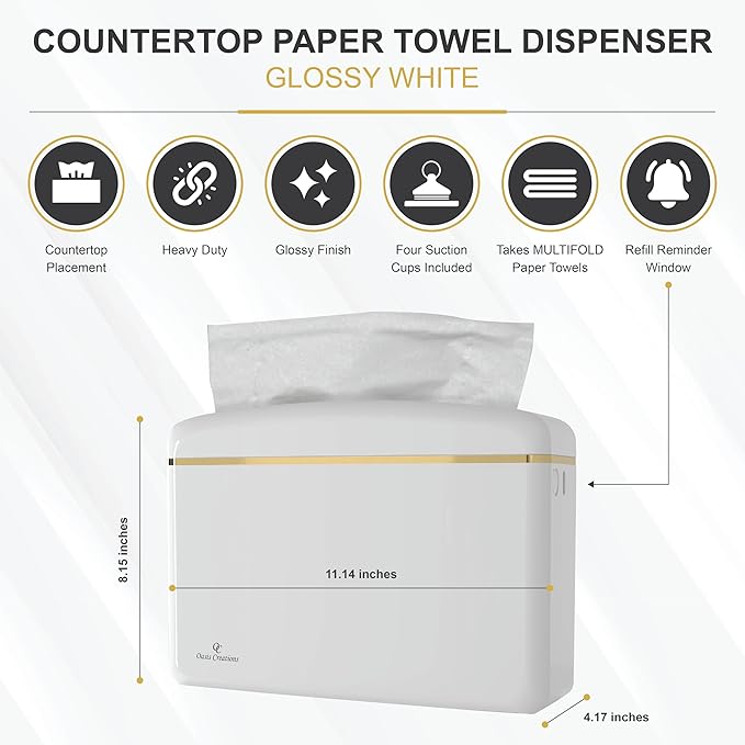Countertop Multifold Hand Paper Towel Dispenser by Oasis Creations, Single Sheet Dispensing – Glossy White