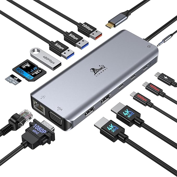 USB C Docking Station Dual Monitor for Laptop, LIONWEI 14-in-1 USB-C Hub with Triple Display, 2 HDMI + VGA, Ethernet, 6 USB A/C 3.0/2.0, PD, SD/TF, Audio, USBC Dock for Surface/HP/Dell/Lenovo/MacBook