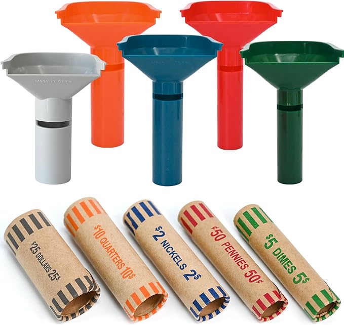 L LIKED 30 Assorted Preformed Coin Wrappers & 5 Coin Sorters Tubes, Color-Coded,Easy to Load