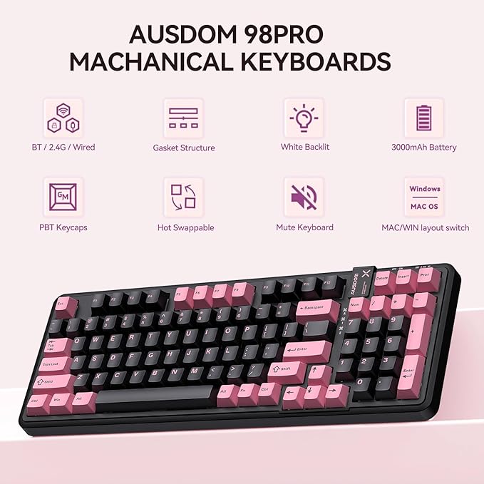 AUSDOM 98Pro Silent Wireless Mechanical Keyboard, Tri-Mode BT/2.4G/USB-C Hot Swappable Custom Quiet Keyboard with Backlit, Gasket Structure, PBT Keycaps, Pre-lubed Tactile Switches(Black Pink 97keys)