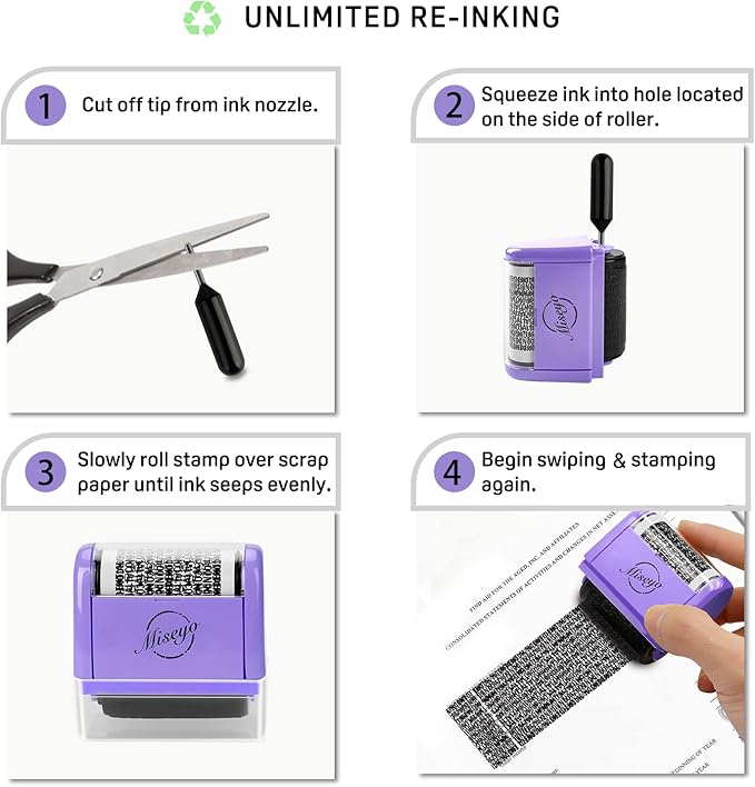 Miseyo Wide Identity Theft Protection Roller Stamp Set - Purple (3 Refill Ink Included)