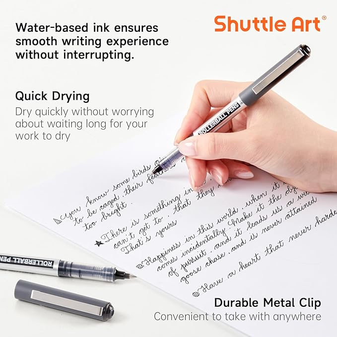 Shuttle Art Rollerball Pens, 10 Pack 0.5mm Extra Fine Point Black Liquid Ink Pens, Quick Drying & Long Lasting Pens Black Ink for Writing, Journaling, Notes Taking, School Office Supplies