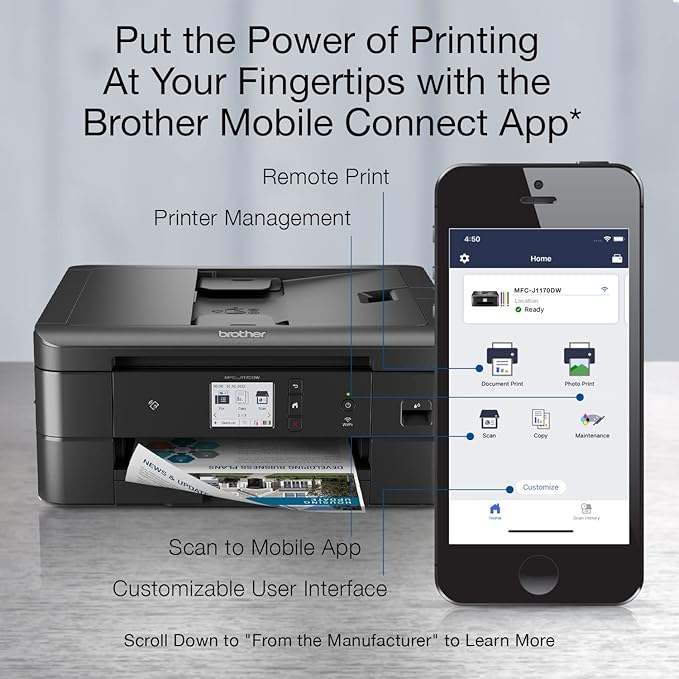 Brother MFC-J1170DW Wireless Color Inkjet All-in-One Printer, NFC One-Touch Print, Duplex, Cloud Print & Scan, Mobile App Control, 2.7" Touchscreen, Works with Alexa