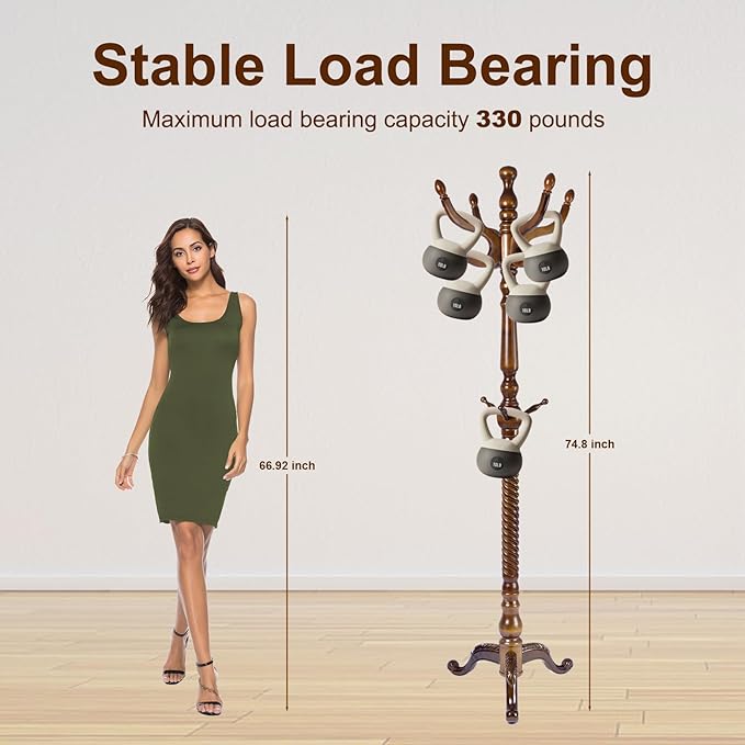 Solid Wood Coat Rack – 74.8" Freestanding Coat Racks Stand with 11 Hooks & Stable Base, Adjustable Height Modern Wooden Hall Tree for Entryway, Bedroom, Office, Home (Walnut Triangle)