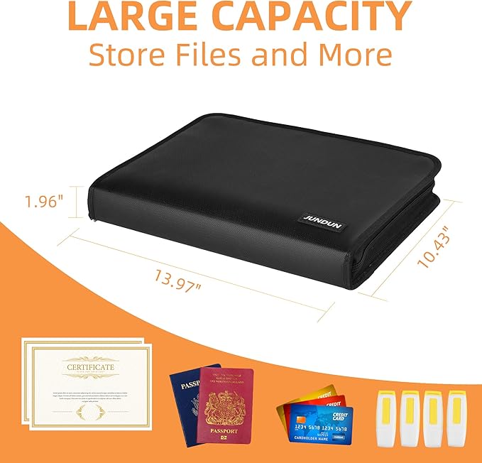 JUNDUN Accordion File Organizer - Fireproof Accordion Folder with Zipper & Labels - 13 Pocket Expanding File Folder with Multi-Pockets Document Organizer Folder for Letter A4 Files | Receipt and More
