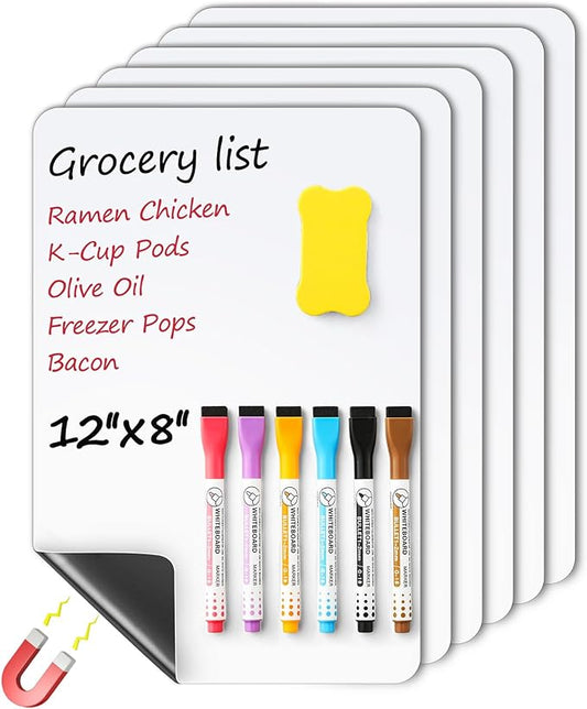 6 Pack Magnetic Dry Erase Board Sheet for Fridge, 12"x8" Erasable Refrigerator WhiteBoard w/ 6 Markers & 1 Eraser- Smooth and Flexible Small Magnet Blank Notepad for Home Kitchen Organizer and Planner