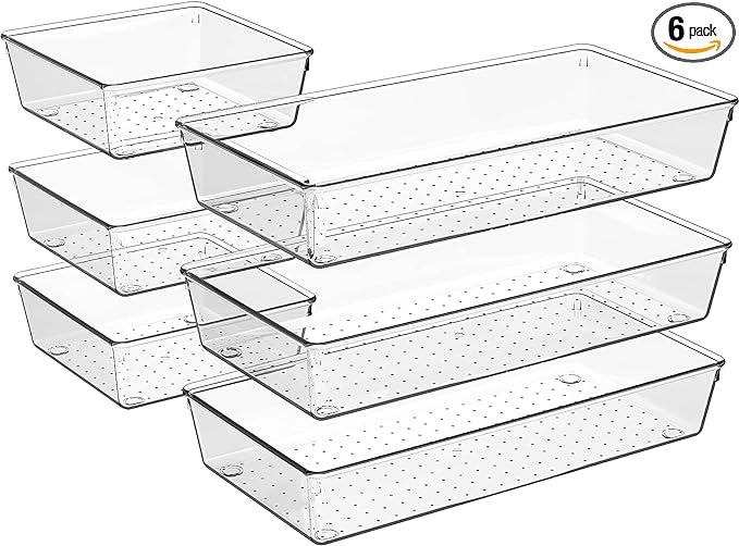 Criusia Drawer Organizer, 6 Pack Large Clear Plastic Drawer Organizers Set, 2 Size Versatile Bathroom and Vanity Drawer Organizer Trays, Storage Bins for Makeup, Bedroom, Kitchen Gadgets Utensils