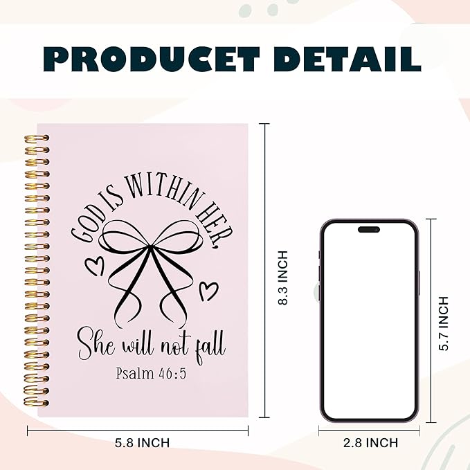 BearCake Pink Coquette Bow Christian Notebook Journal, God is Within Her She Will Not Fall Bible Journal for Women, Christian Religious Gifts for Woman, Hardcover Spiral Notebook 5.5x8.3
