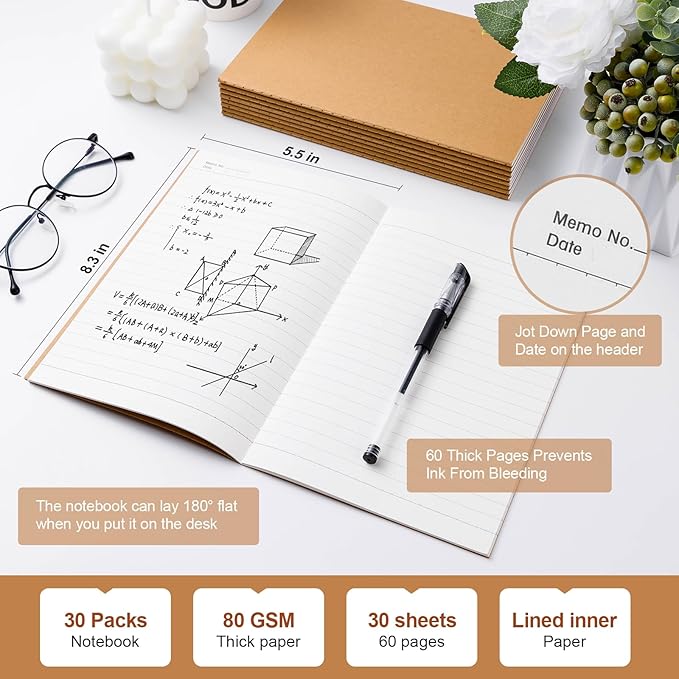 30 Pack Lined Kraft Notebooks Bulk, A5 Blank Paper Journal Notebooks for Office Work, 8.3x5.5inch Kraft Composition Notebook for School Student, 60 Pages