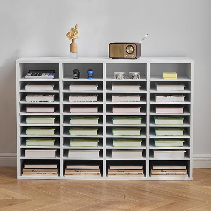 VEVOR Literature Organizer, 36 Compartments Office Mailbox with Adjustable Shelves, Wooden Mailbox Sorter Medium Density Fiberboard Office Home Classroom Storage for Files, Documents, Papers, White