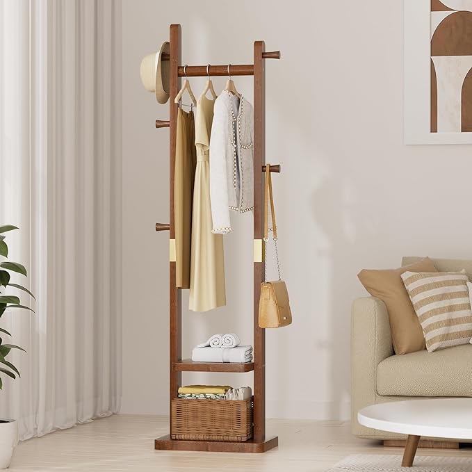 Solid Wood Coat Rack, Coat Rack Freestanding with 2 Shelves and 5 Hooks, Heavy Duty Coat Tree for Entryway，Living room，Coat Hanger Stand for Hats, Bags (Walnut Brown)