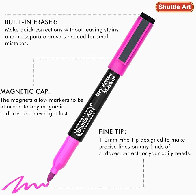 Shuttle Art Dry Erase Markers, 32 Pack 16 Colors Magnetic Whiteboard Markers with Erase, Fine Point Dry Erase Markers Perfect For Writing on Whiteboards,Mirrors for School Office Home