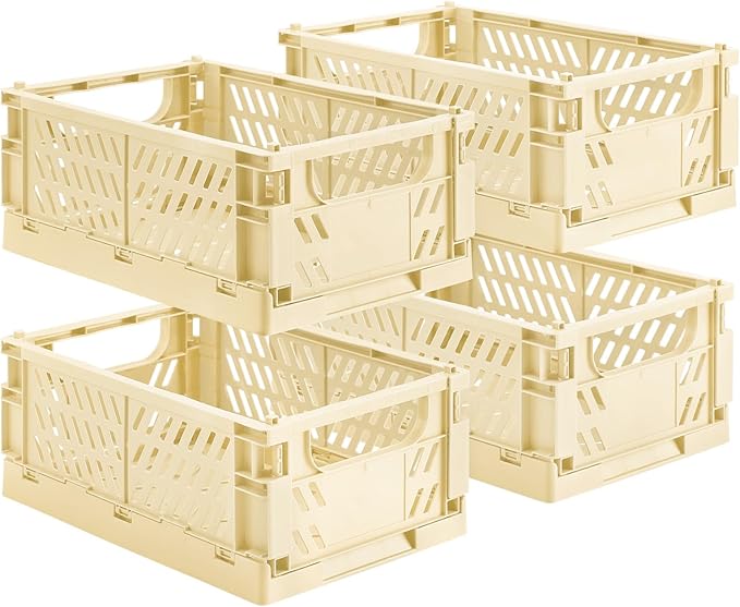 4-Pack Small Pastel Plastic Storage Baskets, Collapsible Crates for Organizing, Space-Saving Mini Bins for Classroom, Kitchen, Office, Bedroom (Yellow, 9.8" x 6.5" x 3.8")