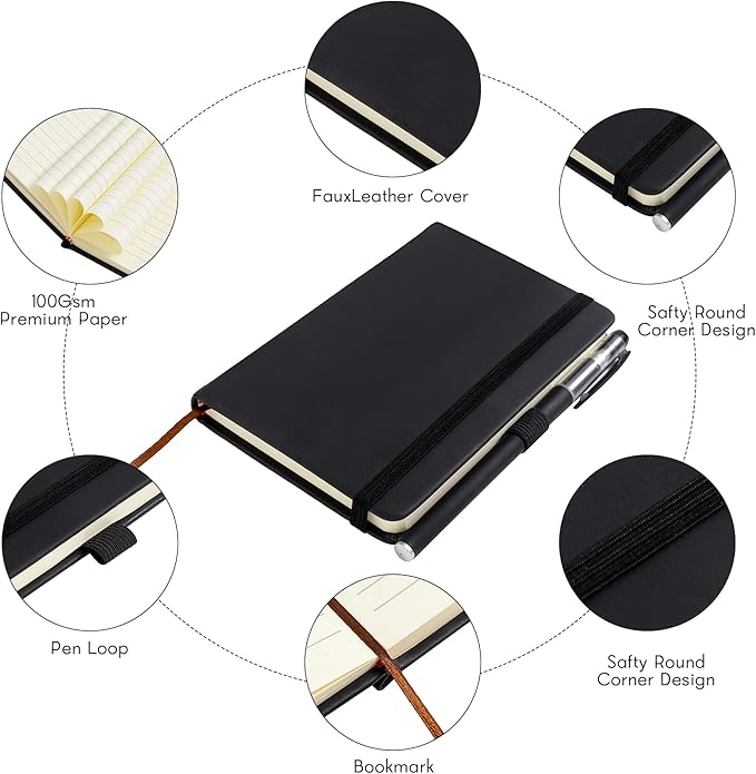 2Pack Pocket Notebook Small Notebook Journal Notebook 4 inches x 5.7 inches 200 Pages Leather Cover With Pen Holder Page Marker Ribbons(Black)