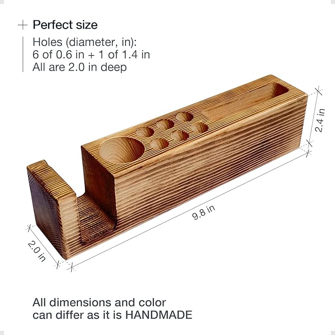 Hoffenwell Wooden Desk Organizer with Phone Holder – Stylish & Functional Book, Pen and Cell Phone Charging Stand - Solid Wood Pen Holder for Desk