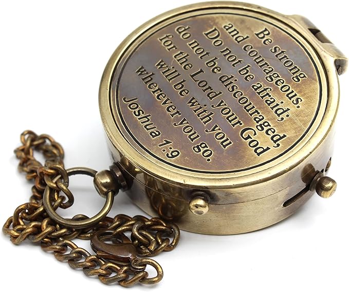 Be Strong and Courageous Compass – Antique Nautical Magnetic Compass with Engraved Scripture Quote – Baptism Gift with Wooden Box for Son, Father, Husband, Loved One