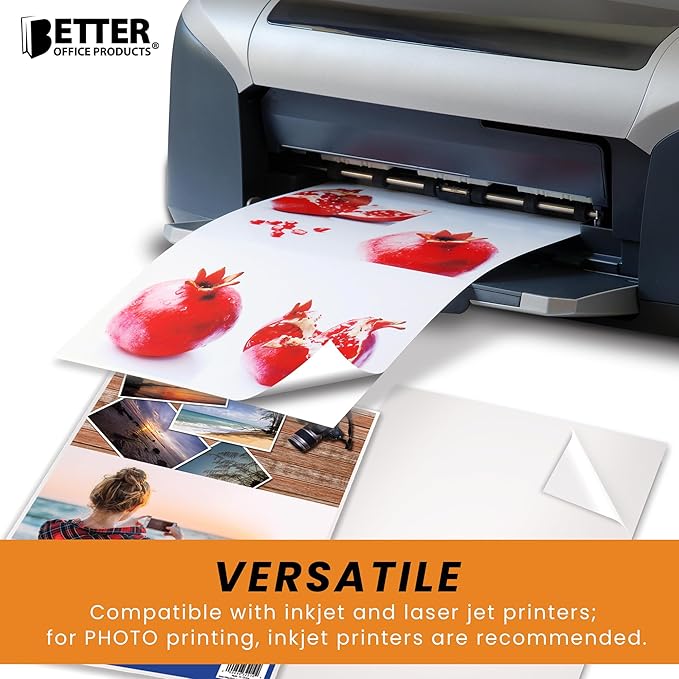 Better Office Products Self-Adhesive Photo Paper, Sticky Photo Paper, Glossy, 8.5 x 11 Inch, 50 Sheets, 135 gsm, Letter Size, 50-Count Pack