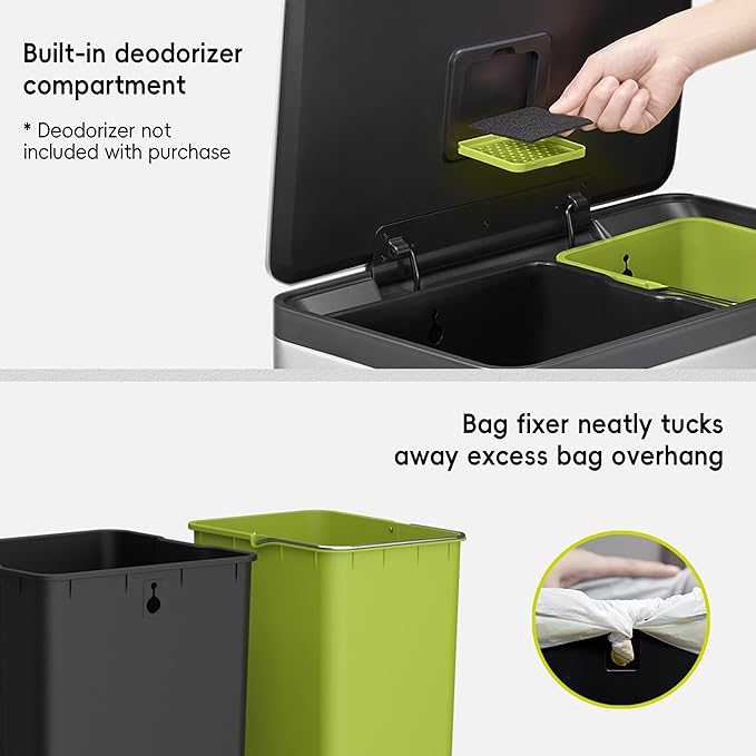 EKO EcoCasa II 36L+24L Dual Trash Can with Recycle Bin, Stainless Steel Garbage Can with Lid, Deodorizer Compartment, Odor-Proof and Fingerprint Resistant