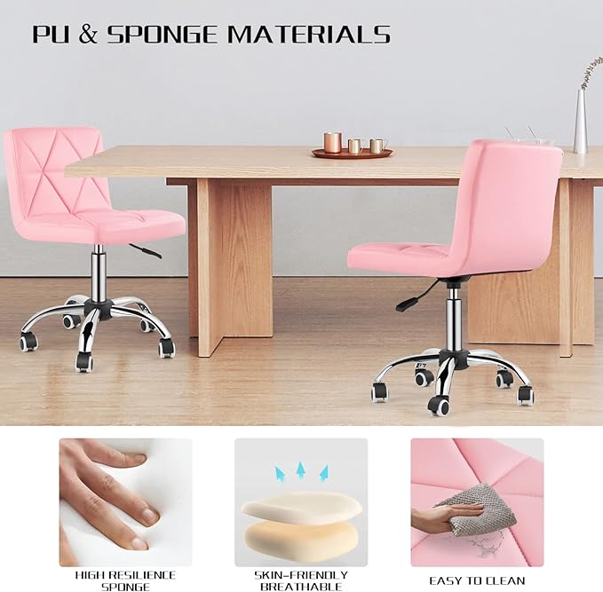COSVALVE Armless Desk Chair, Mid Back Swivel Office Chair, Adjustable Task Chair with Rolling Wheels and Diamond Pattern, for Home Computer Barber, Pink