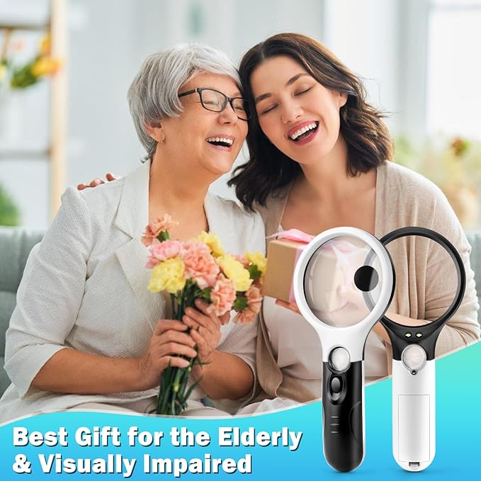 Compact Magnifying Glass with Lights,45X 10X 5X Small Handheld Lighted Magnifier, 3 LED Light Magnifying Glass for Reading Small Prints & Low Vision Seniors B&W