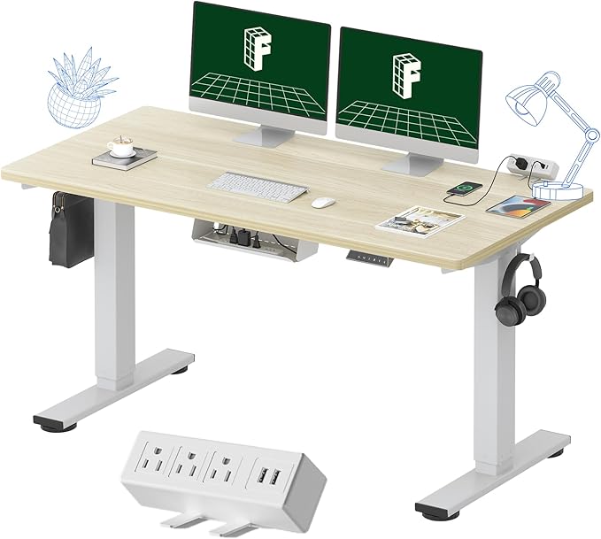 FLEXISPOT EN2 Whole-Piece Standing Desk with Clamp Power Strip, 55 x 28 Electric Stand Up Height Adjustable Desk with Cable Management (White Frame + 55" White Wood Grain Desktop, 2 Packages)