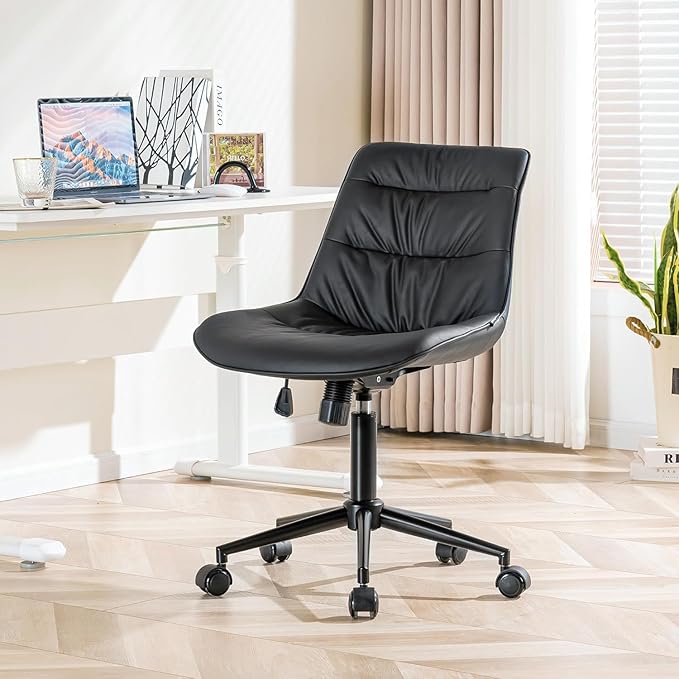 Kidol & Shellder Faux Leather Office Chair, Adjustable Swivel Height Task Chair, Rolling Wheels & Soft Backrest - Armless Ergonomic Desk Chair for Home, Office,Vanity,Gaming（Black）