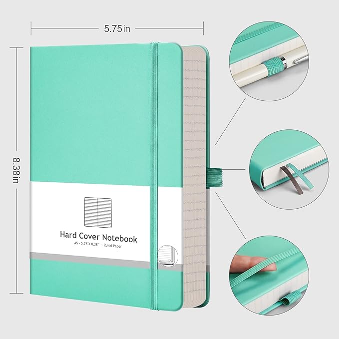 AHGXG Thick Notebook College Ruled, 320 Numbered Pages Lined Journal for Women, A5 Notebooks for Work, 100gsm Paper, Faux Leather Hardcover, for Note-Taking, 5.75'' X 8.38''-Mint