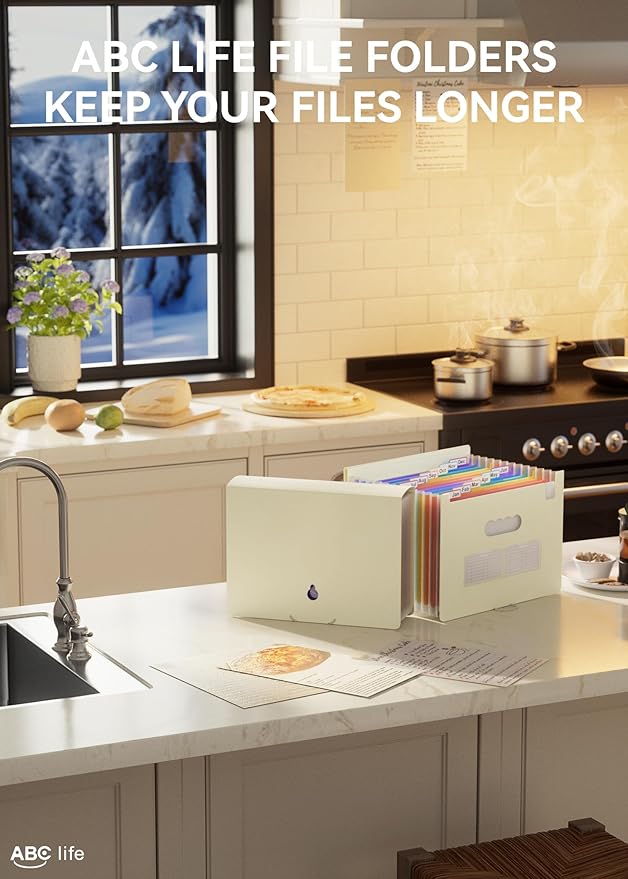 ABC life 12-Pocket Expandable Accordion File Organizer for Monthly Bills & Receipts - Portable A4/Letter Size Document Holder with Colored Tabs - Ideal for Home, Office & Travel Folder- Beige Color