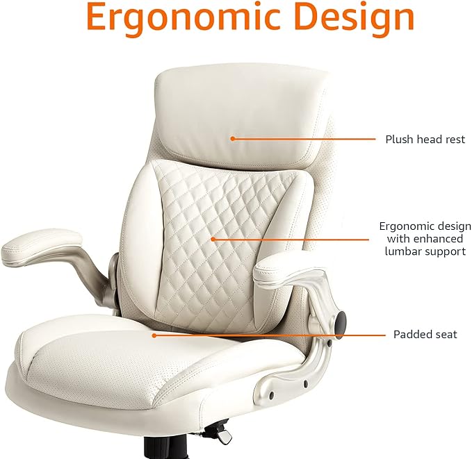Amazon Basics Ergonomic Executive Office Desk Chair with Lumbar Support, Flip-up Armrests, Adjustable Height, Cream Leather