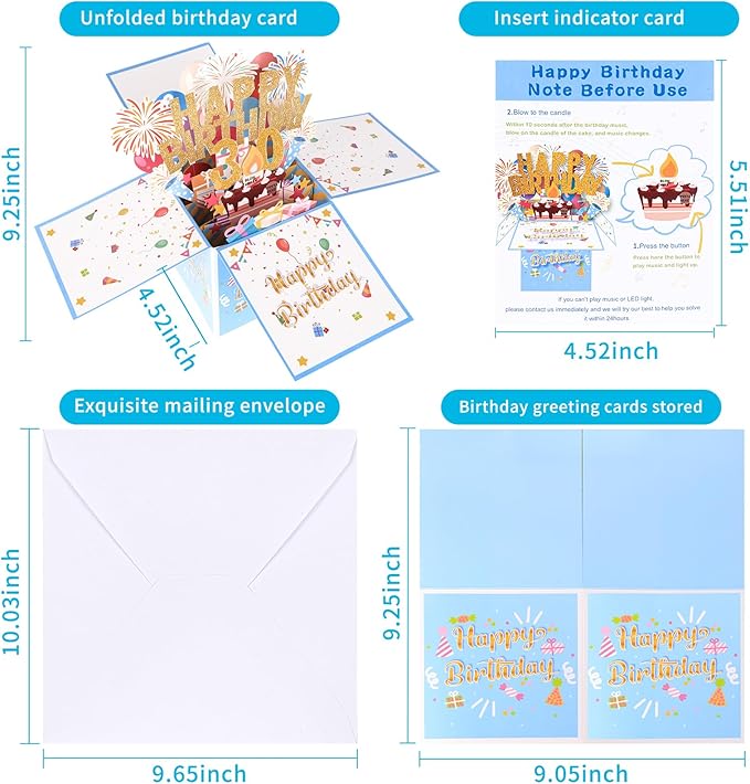 Tnvee 30TH Birthday Cards with Lights & Music & Candle, 3D Large Pop Up Happy Birthday Cards for Women Man Greeting Cards Decorations for 30 Years Old Mom Dad Wife Husband Friend