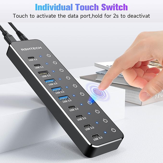RSHTECH 10 Ports Powered USB 3.2/USB C Hub Splitter 60W with 3 x 10Gbps USB 3.2 Ports (2C + 1A),7 x USB 3.0 Ports (4C +3A), 3.3ft Cable and Individual Touch Switches for Laptop PC