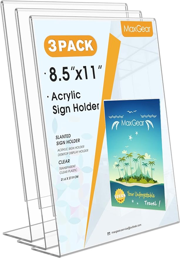 MaxGear Acrylic Sign Holder, Clear Sign Holder Plastic Paper Holder Slant Back Sign Holders 8.5x11 inches Sign Holder Plastic Display Stand for Office, Store, 3 Pack