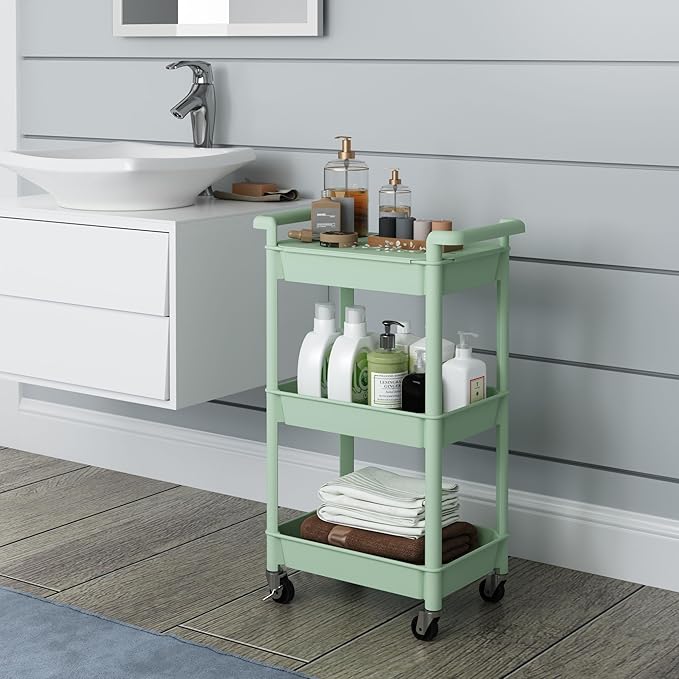 3-Tier Utility Rolling Cart with Cover Top Board, Mobile Utility Cart with Lockable Casters Multi-Functional Storage Trolley for Office, Bathroom, Kitchen, Garden, Laundry Room (Green)