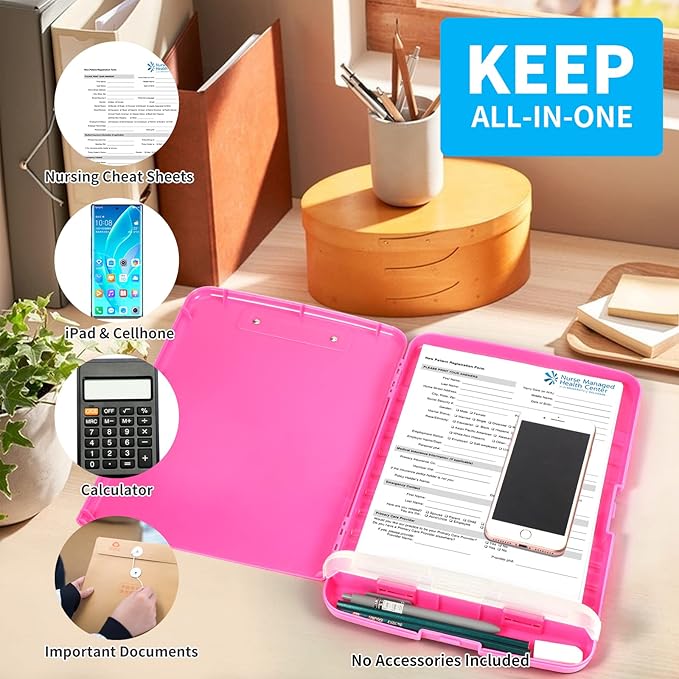 Clipboard with Storage, Large Capacity Nursing Clipboards with Low Profile Clip, Heavy Duty Plastic Storage Clipboard with Pen Holder, Side-Opening, Multifunctional Clipboard Case for Writing