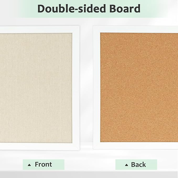 DOLLAR BOSS Cork Board Bulletin Board with Linen Double-Sided 24" x 18" Linen Corkboards for Walls Picture Display Vision Board for Office Home School Framed Picture Pin Board, 20 Pushpins 10 Clips